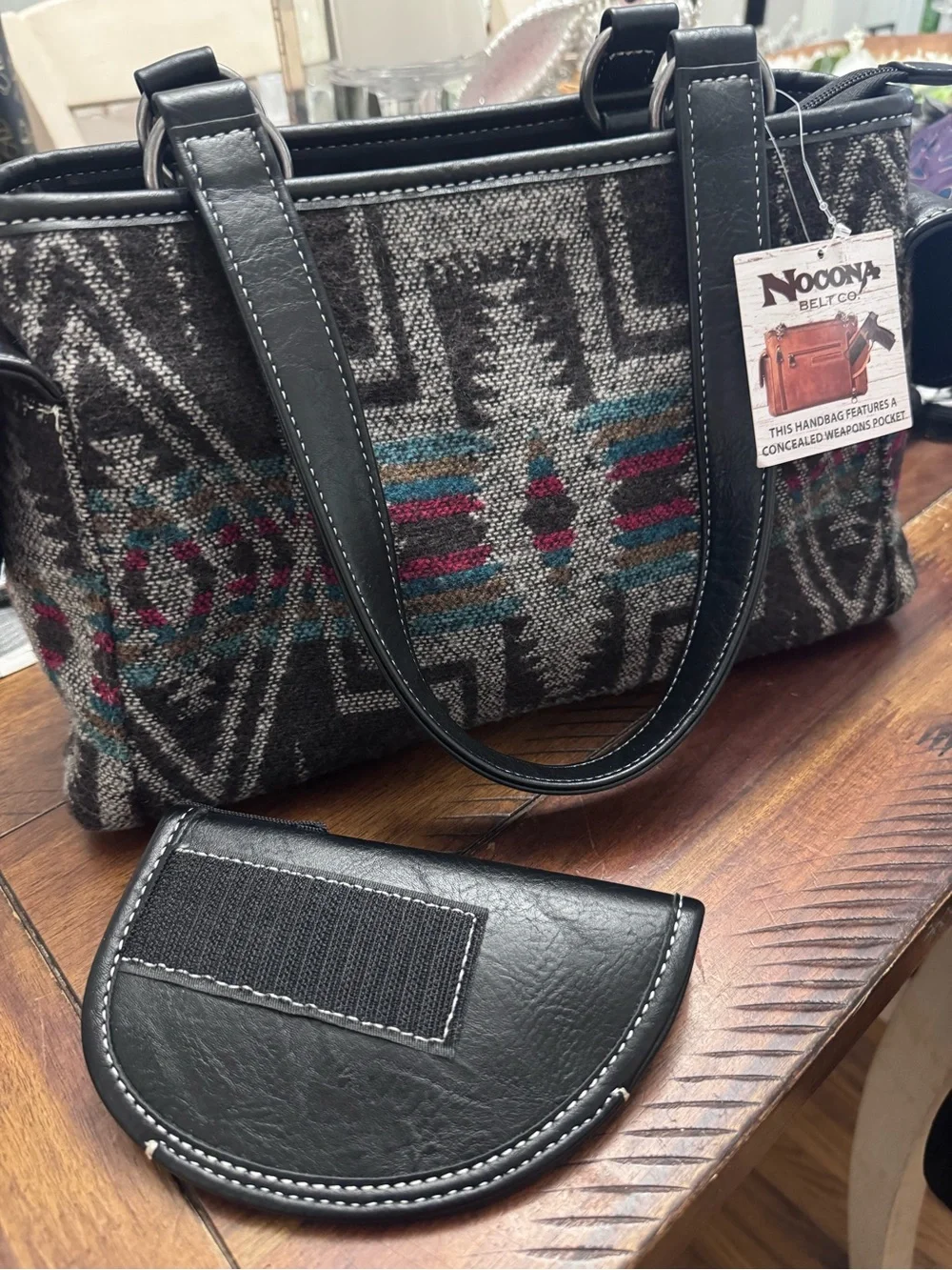 Nocona Southwestern Pattern Tote Bag in Charcoal with Teal & Pink Accents NWT